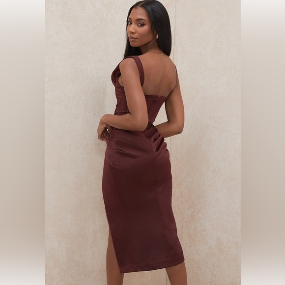HOUSE OF CB / Rhoda Off the Shoulder Corset Dress brown raisin satin XS - Picture 2 of 11